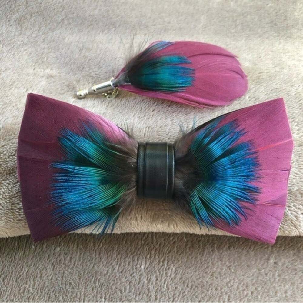 Magenta & Blue Luxury Leather Feather Bow Tie and Lapel Pin Set Italy Formal